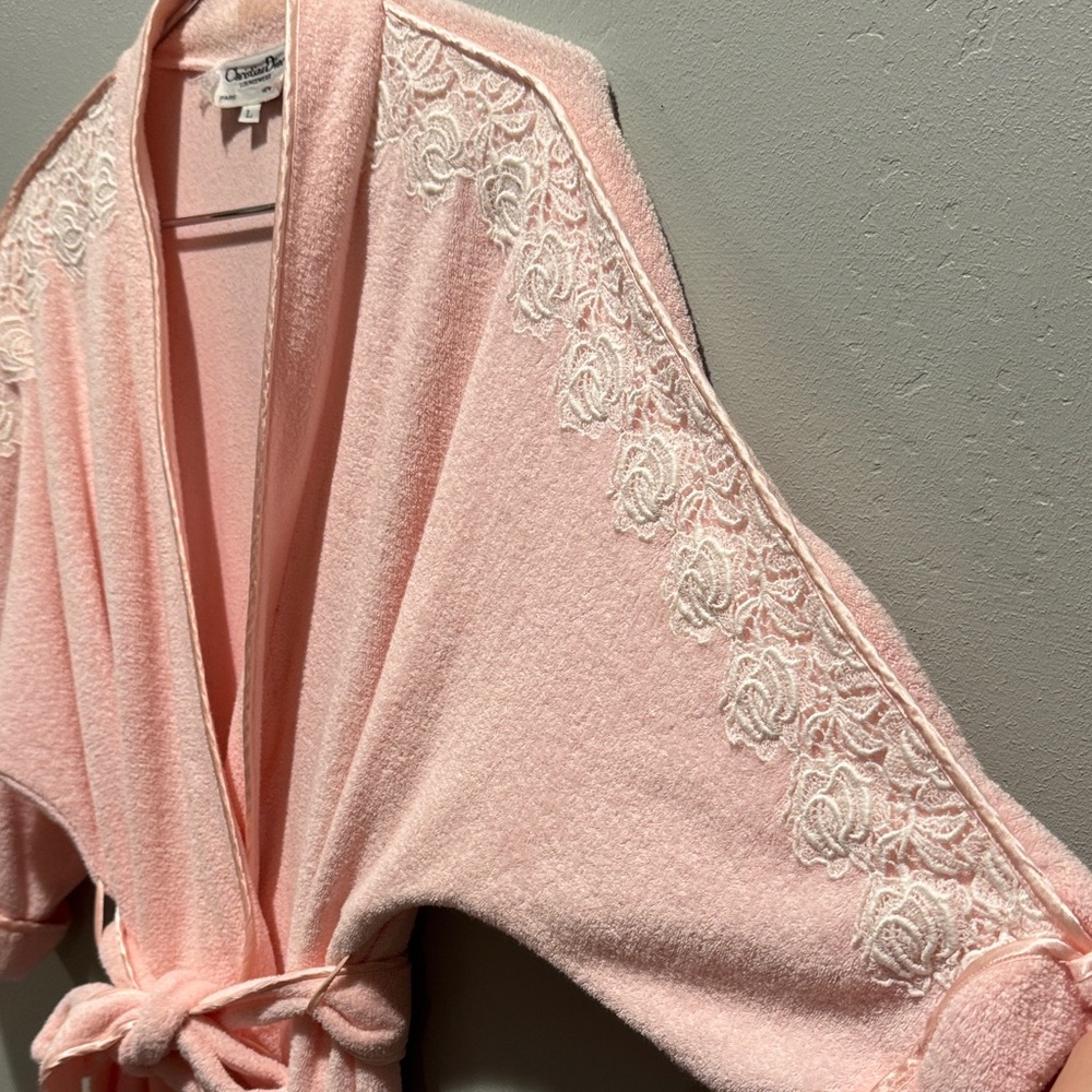 Vintage Christian Dior Carnation Pink Lace-Trim Terry Bath Lounge Robe with Tie - Picture 5 of 14